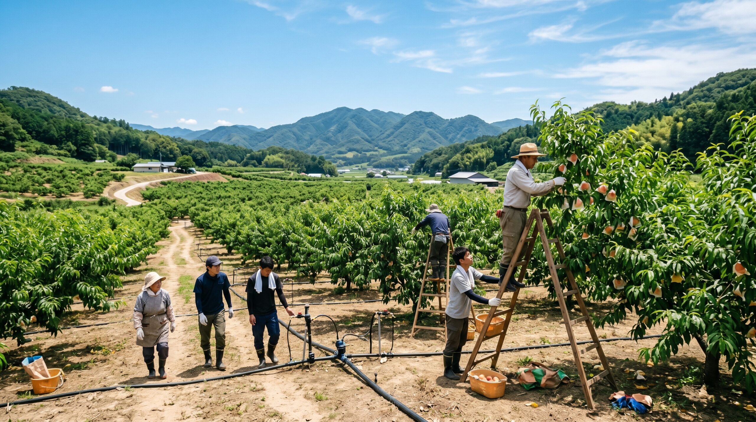 白桃農園で農家さんが作業している風景
